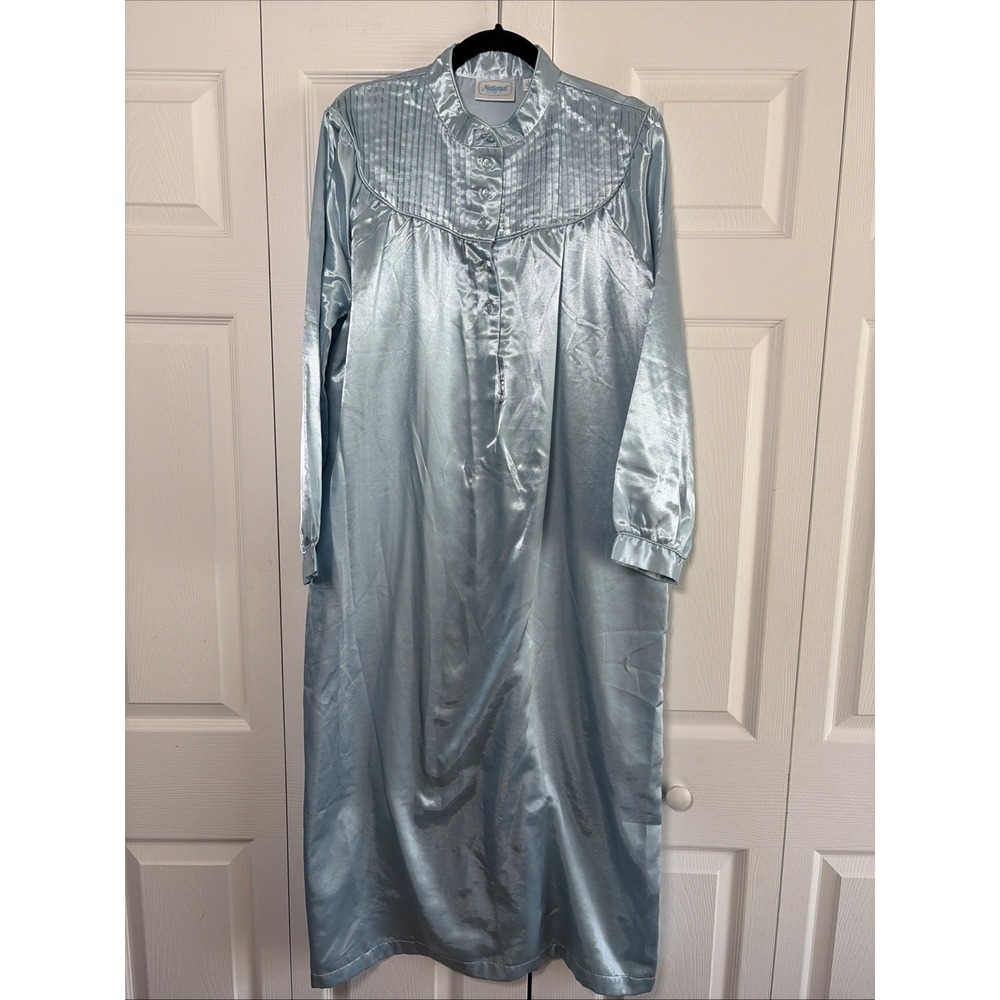 National Satin Nightgown Womens L Blue Long Sleeve Pleated Sleepwear Regecy Vict